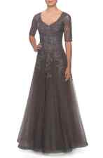 La Femme Gunmetal And Silver Lace & Tulle Embroidered Gown Dress Size 16 $508