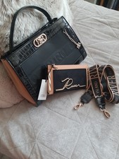 River Island Black/Tan Croc Patent Monogram Tote Bag And Purse Brand New! 