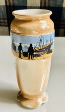Antique Lancaster & Sons Hanley Footed Orange Lusterware Vase Quayside Fishermen