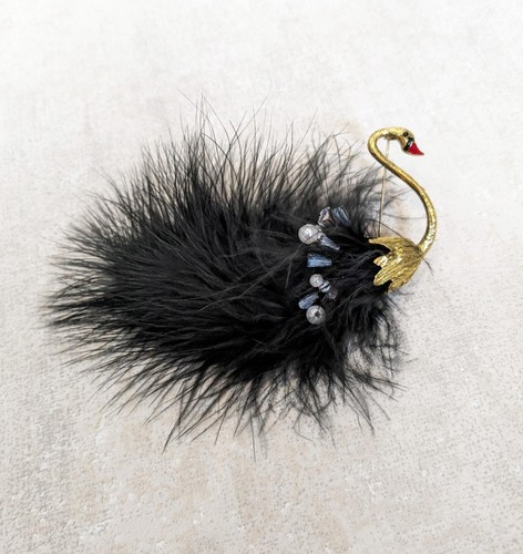 Fluffy black swan pin - black, brooch