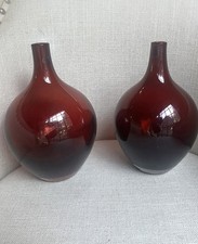 2 IKEA Scandinavian Style Bud Vase Ruby Red Hand Made Art Glass Oval w Thin Neck