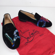 Christian Louboutin Shoes Black Velvet Rollerlove Crystals Beaded Flats UK 4.5