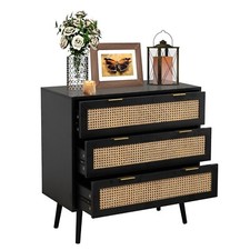 Home Stuff Plus Black Rattan Chest of Drawers 3-Drawer Wooden Dresser
