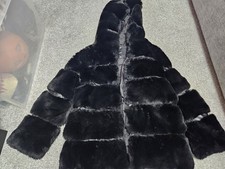 River Island Black Faux Fur Hooded Coat Jacket With Pockets Size Small 8-10 VGC