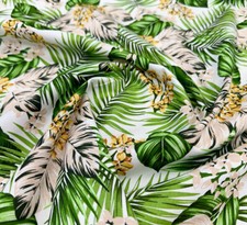 Cotton Fabric - Green Tropical Palm Leaf Print on Ivory - Craft Fabric Material