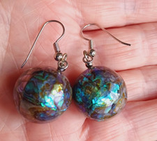 Vintage Mother Of Pearl Disco Ball Earrings Abalone Shell Oil Slick Petrol Tones