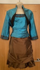 Linea Raffaelli Teal Brown Ruched Skirt Top & Bolero Size UK 12-14 42in BNWOT
