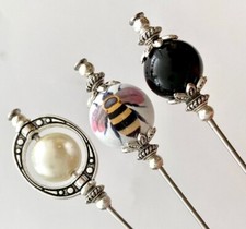 Hat Pins 5” Long Ceramic Bumble Bee Vintage Style Glass Pearl Hat Pins Stick