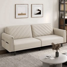 Contemporary 3 Seater Convertible Futon Couch Fabric Sofa Bed Beige Colour