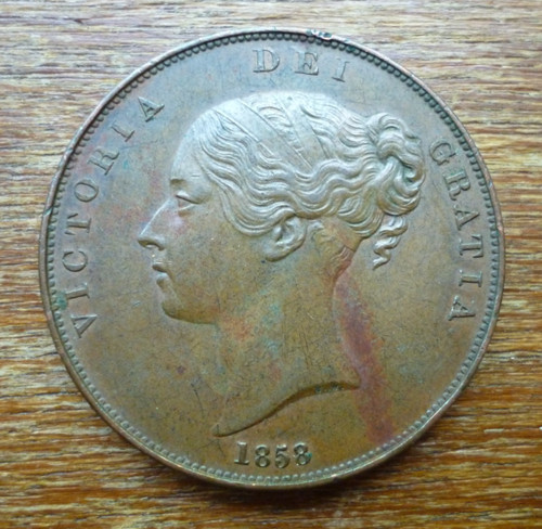 1858 one penny coin young - penny,