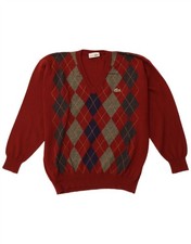 LACOSTE Mens V-Neck Jumper Sweater Size 6 XL Red Argyle/Diamond AV21