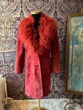 Vintage Coral Red Genuine Suede Afghan Coat Mongolian Fur Penny Lane - Medium
