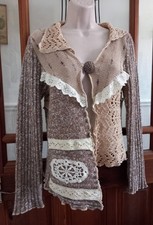 Vtg Look Cotton Blend Asymmetrical Lace Patchwork Style Cardigan Cottage Core