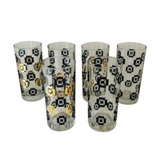 Vintage MCM Style Drinking Glasses x6 Black Gold Clear Glass Set Bar Cocktails