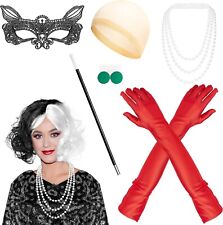 Cruella de Vil Style Wig Set Gloves Mask Necklace Earrings Holder Halloween