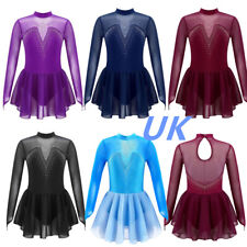UK Girls Ice Roller Skating Dress Longsleeve Rhinestone Ballet Leotard Dancewear