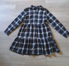 Dark Blue Tartan Line Check Smock Dress Frilled Primark Buttoned Bodice UK12