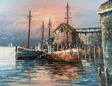 Boat Harbour Scene Signed Oil