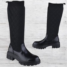 WOMENS LADIES CALF HIGH CHUNKY SOLE QUILTED RIDING STRETCH SOCK BOOTS SHOE SIZE