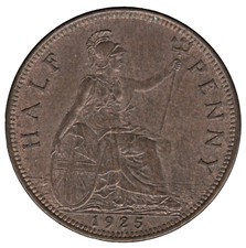1925 British George V Halfpenny Coin – Bronze – Dies 2+B Modified Effigy