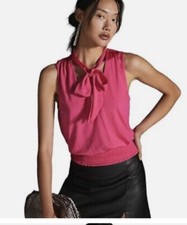 Anthropologie Ruffle Bow Tie Neck Raspberry Pink Sleeveless Blouse Size S