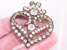 Large Impressive Antique Georgian Diamond Paste 3D Heart Crown Pin Brooch