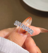 Oval Zircon Ring Clear Sparkly Wide Band Minimalist Statement Sterling Silver