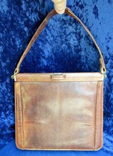 Vintage 1940s Tan Brown Lizard Skin Handbag Hard Frame Satin Lined.
