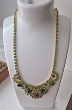 Vintage Emerald Green Rhinestone Necklace Gold Tone 15" Boxed Unused 1960 Vgc
