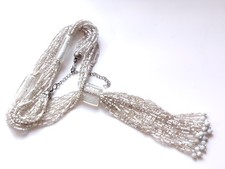 White Clear Glass Seed Bead Multi Strand Necklace y Drop Tassel Central Pendant 