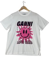 Ganni Love Club T-Shirt Womens Size Small White Pink Smiley Organic Cotton
