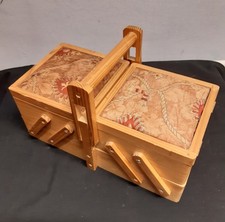 Vintage 2 Tier Wooden Tapestry Cantilever Sewing Box