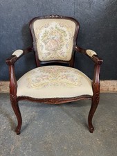 French Style Armchair, Tapestry With Carved Woodwork