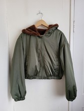 H&M Reversible Bomber Jacket Ladies Size S Green Brown Cropped Hooded Casual