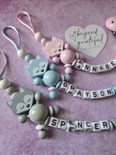 Personalised Wooden Dummy Clip Girl Boy ❤ 3D Bear 🐻 Unisex Pacifier Clip MAM