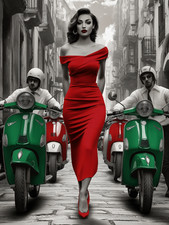 Canvas Art Red Italian Lady Motorbike Scooter Wall Picture Poster Print