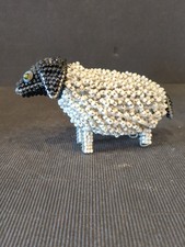 VINTAGE WIRED & BEADED BLACK & WHITE SHEEP  FIGURINE/ORNAMENT