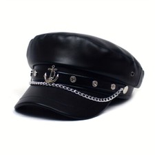 PU Leather Flat Top Captain Sailor Newsboy Beret Baker Hat Cap With Chain