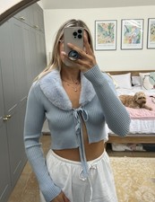 ZARA Light Blue Rib Knit Cardigan Jumper Top With Removable Fur Collar S
