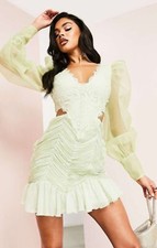 ASOS Luxe Womens Lace Ruched Sheer Puff Sleeve Mini Dress In Green RRP £95