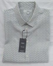 MEN'S MARKS & SPENCER ECRU & BLUE PATTERNED SOFT TOUCH SHORT SLEEVE SHIRT SIZE L