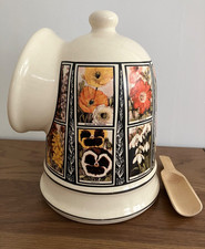 Amberglade Salt Pig & Wooden Scoop Cottage Garden Ceramic Pottery Derbyshire