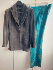 Vintage KAREN MILLEN TROUSER SUIT Taupe Velvet Jacket Petrol Trousers. Size 12