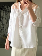East Casual 100% Linen Blouse Shirt 3/4 Sleeve White With Contrast Embroidery 10