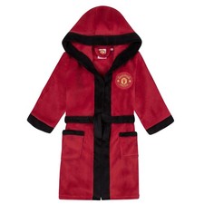 Manchester United Boys Dressing Gown Robe Hooded Fleece Kids OFFICIAL Football