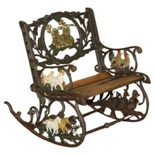 ANTIQUE VICTORIAN CAST IRON HAND PAINTED SMALL CHILDRENS GARDEN ROCKING ARMCHAIR