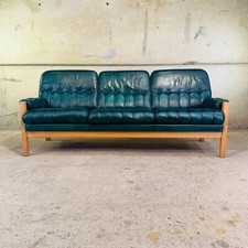 Beautiful Ekrones Vintage 70s 3 Seater Green Leather Sofa Solid Oak Frame #A573