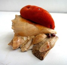vintage SEA SHELL SEWING PIN CUSHION velvet stuffed 3.5"x2" ceramic base