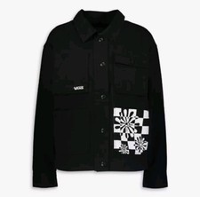 Vans Womens Black Canvas Coat Graphic Logo Embroidered Flower Skate Jacket-Small