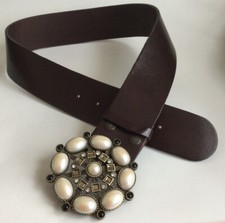 Women’s Wide Brown  Leather Hip Belt Pearl Diamante Buckle By Black Brown London